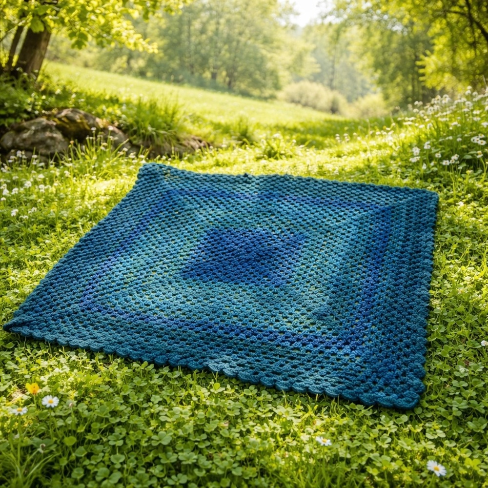 Vintage Hand made Granny Square Country Cottage Blanket Size 45” x60” Blue
